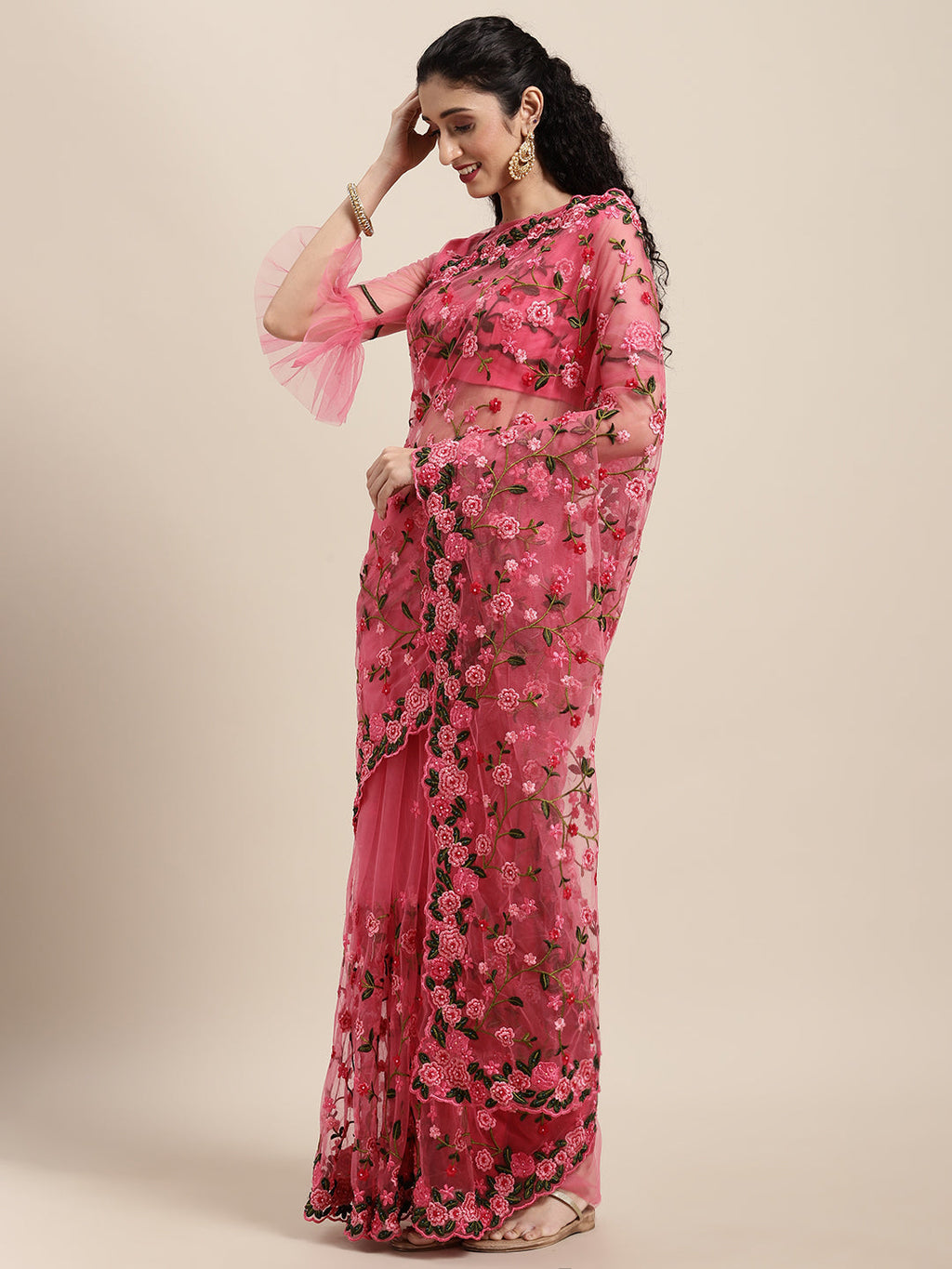 Tikhi Imli Pink & Green Beads and Stones Net Heavy Work Saree - Distacart