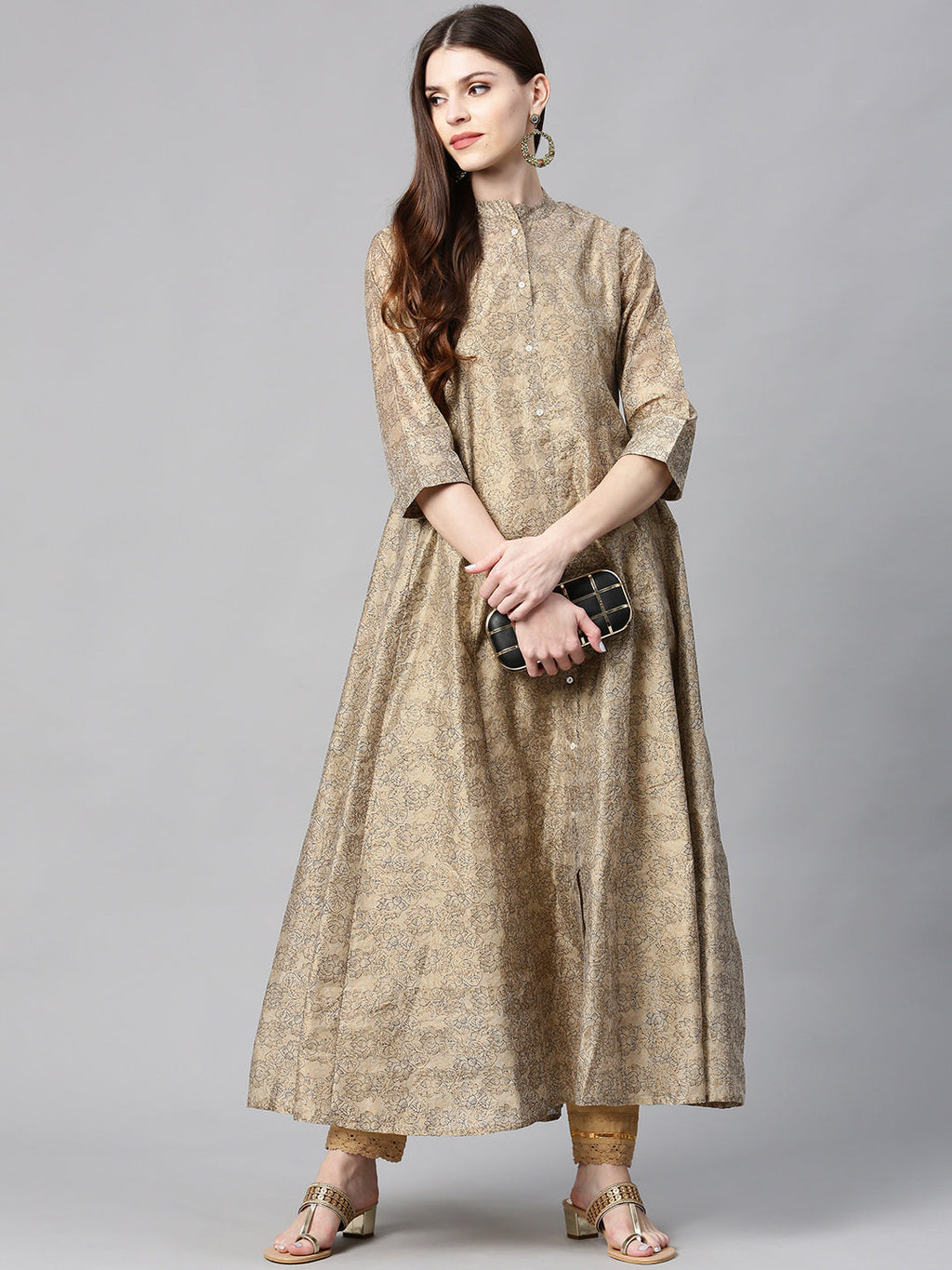 Juniper Women Beige Chanderi Silk Printed Anarkali Kurta - Distacart