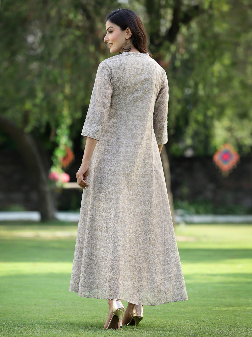 Juniper Women's Beige Chanderi Silk Printed Anarkali Kurta - Distacart