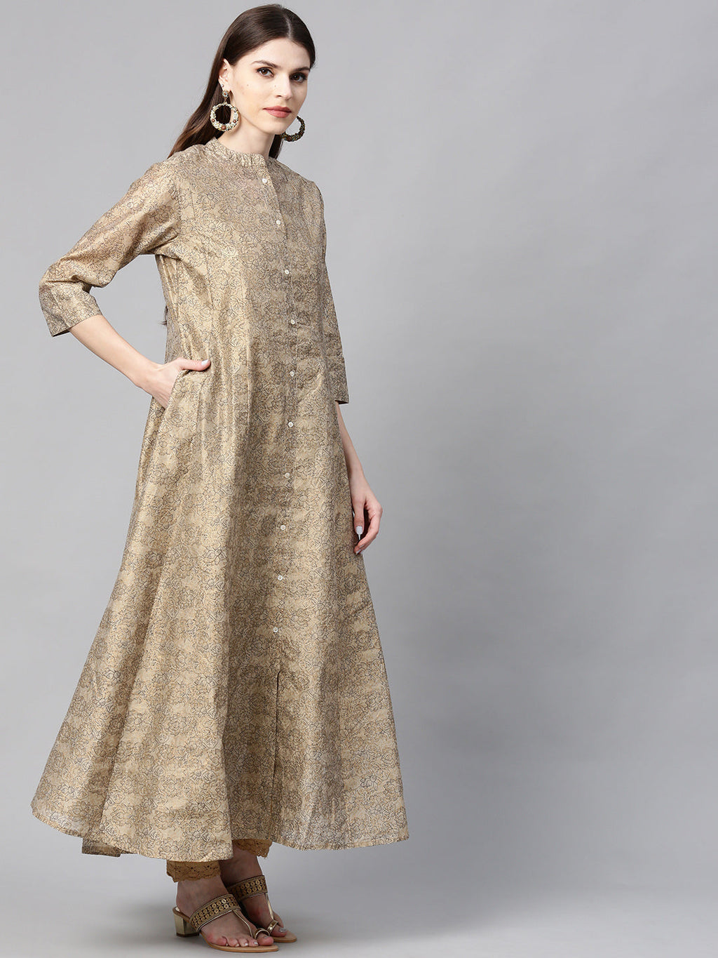 Juniper Women Beige Chanderi Silk Printed Anarkali Kurta - Distacart