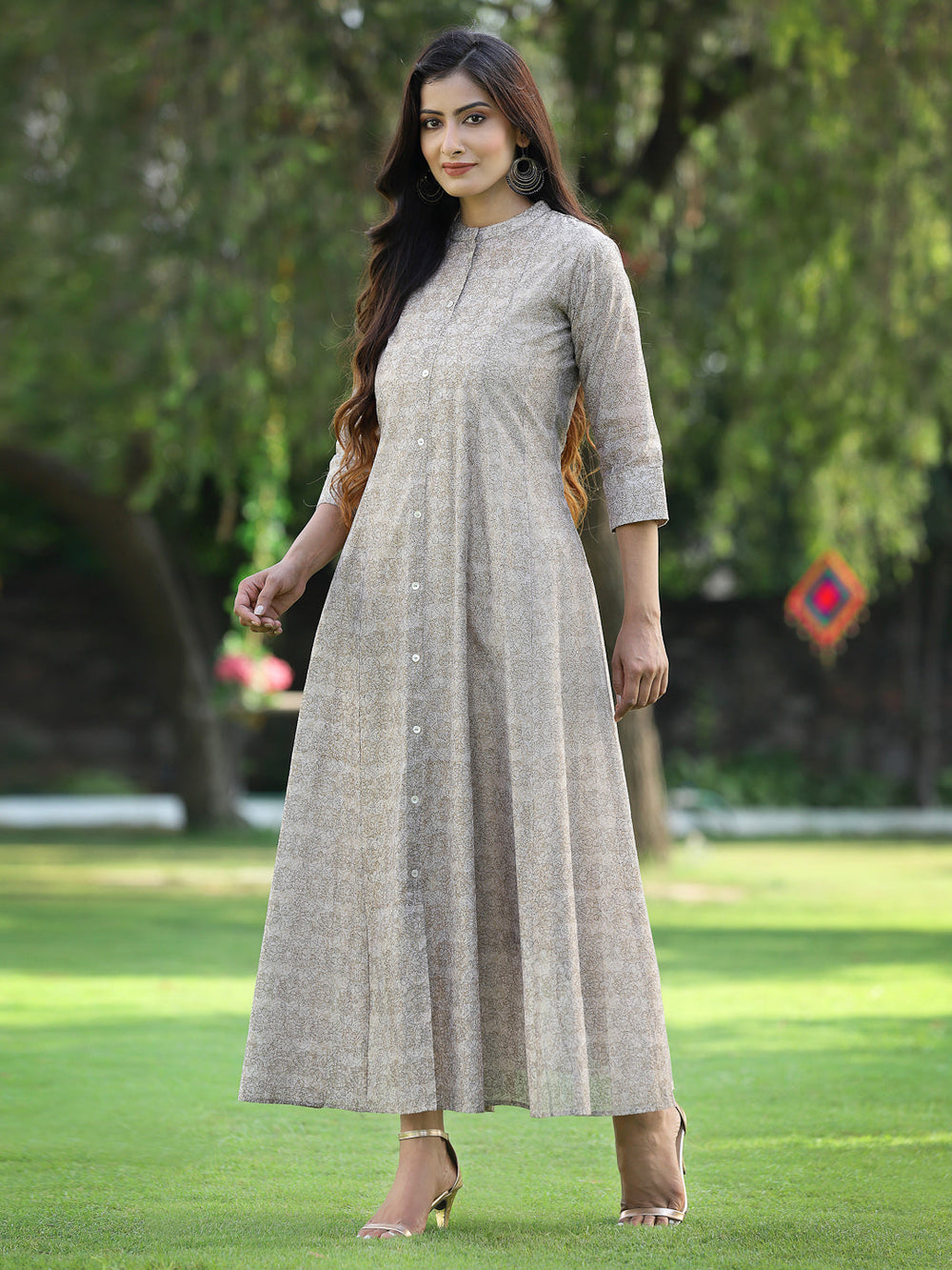 Juniper Women's Beige Chanderi Silk Printed Anarkali Kurta - Distacart