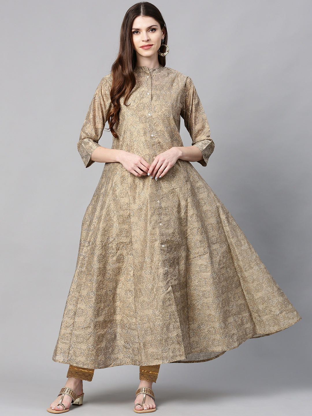 Juniper Women Beige Chanderi Silk Printed Anarkali Kurta - Distacart