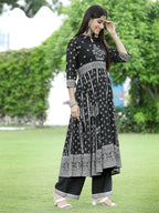 Juniper Womens Black Georgette Foil Printed Circular Kurta Dress With Solid Palazzo Set - Distacart