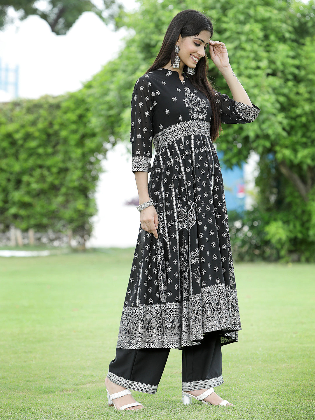 Juniper Womens Black Georgette Foil Printed Circular Kurta Dress With Solid Palazzo Set - Distacart
