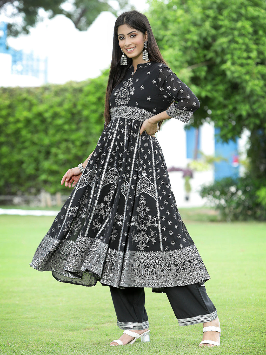 Juniper Womens Black Georgette Foil Printed Circular Kurta Dress With Solid Palazzo Set - Distacart