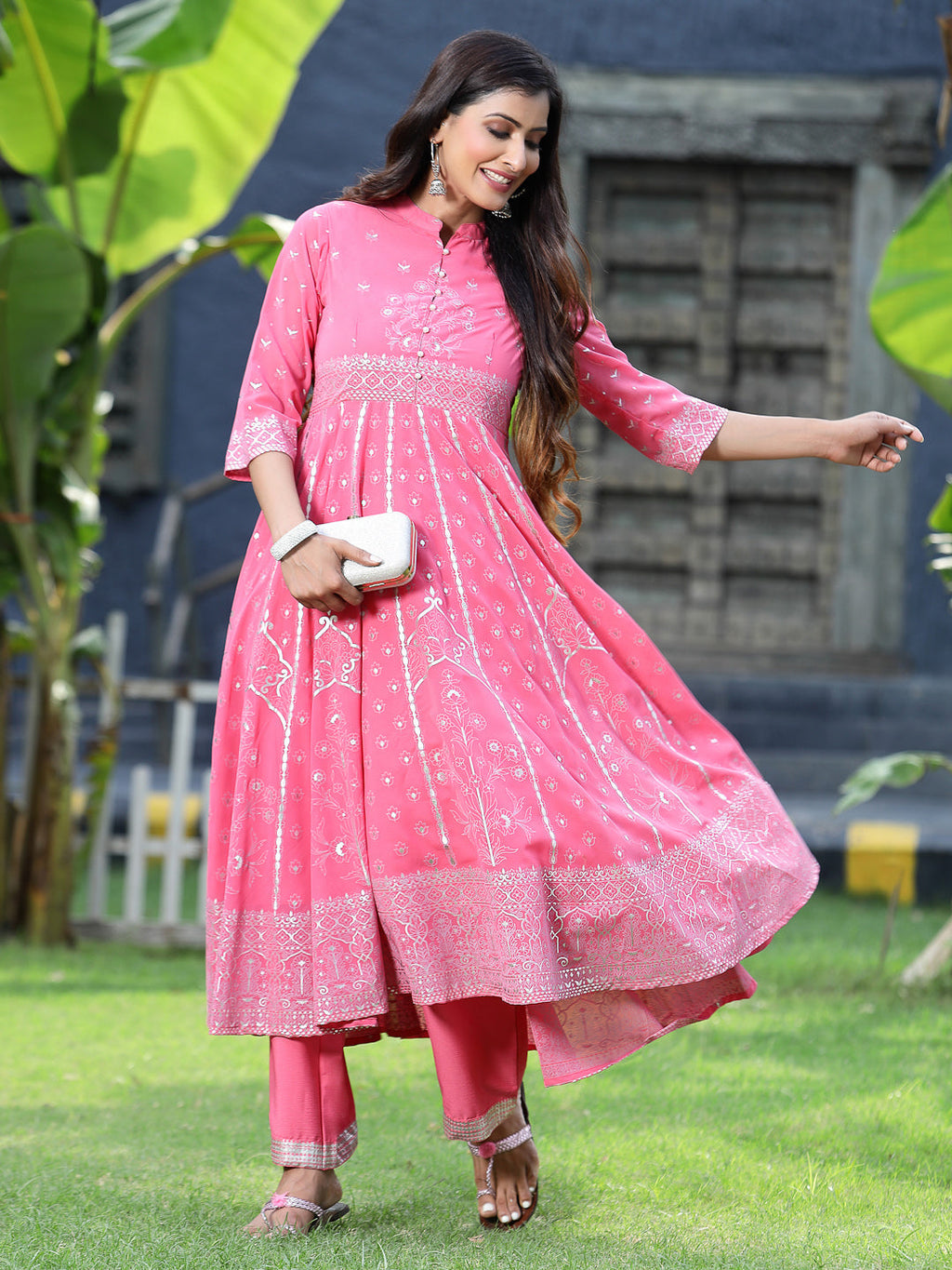 Juniper Womens Coral Georgette Foil Printed Circular Kurta Dress With Solid Palazzo Set - Distacart