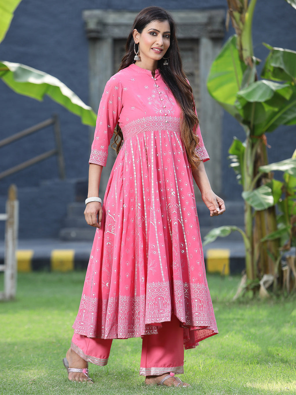 Juniper Womens Coral Georgette Foil Printed Circular Kurta Dress With Solid Palazzo Set - Distacart