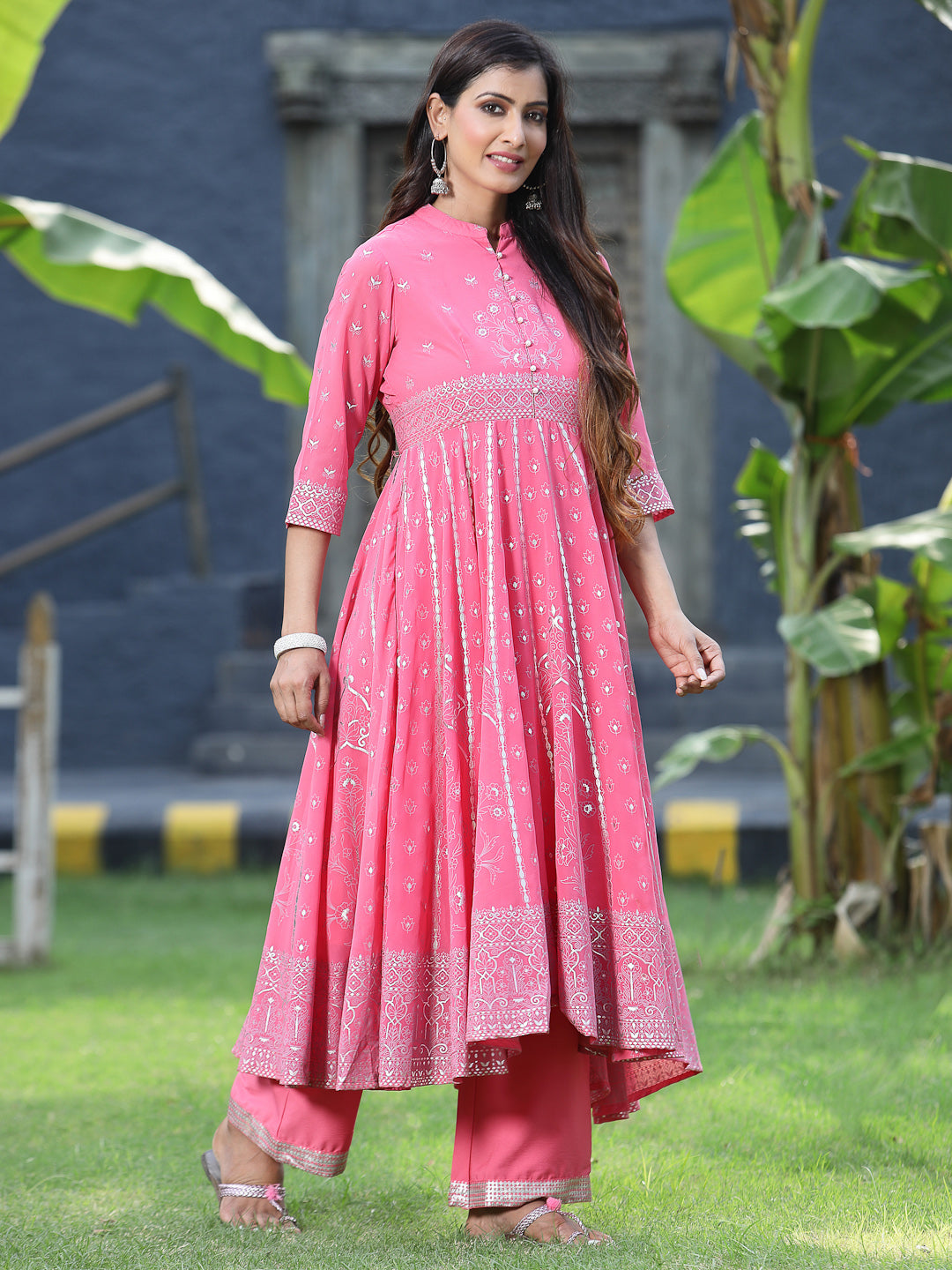 Juniper Womens Coral Georgette Foil Printed Circular Kurta Dress With Solid Palazzo Set - Distacart