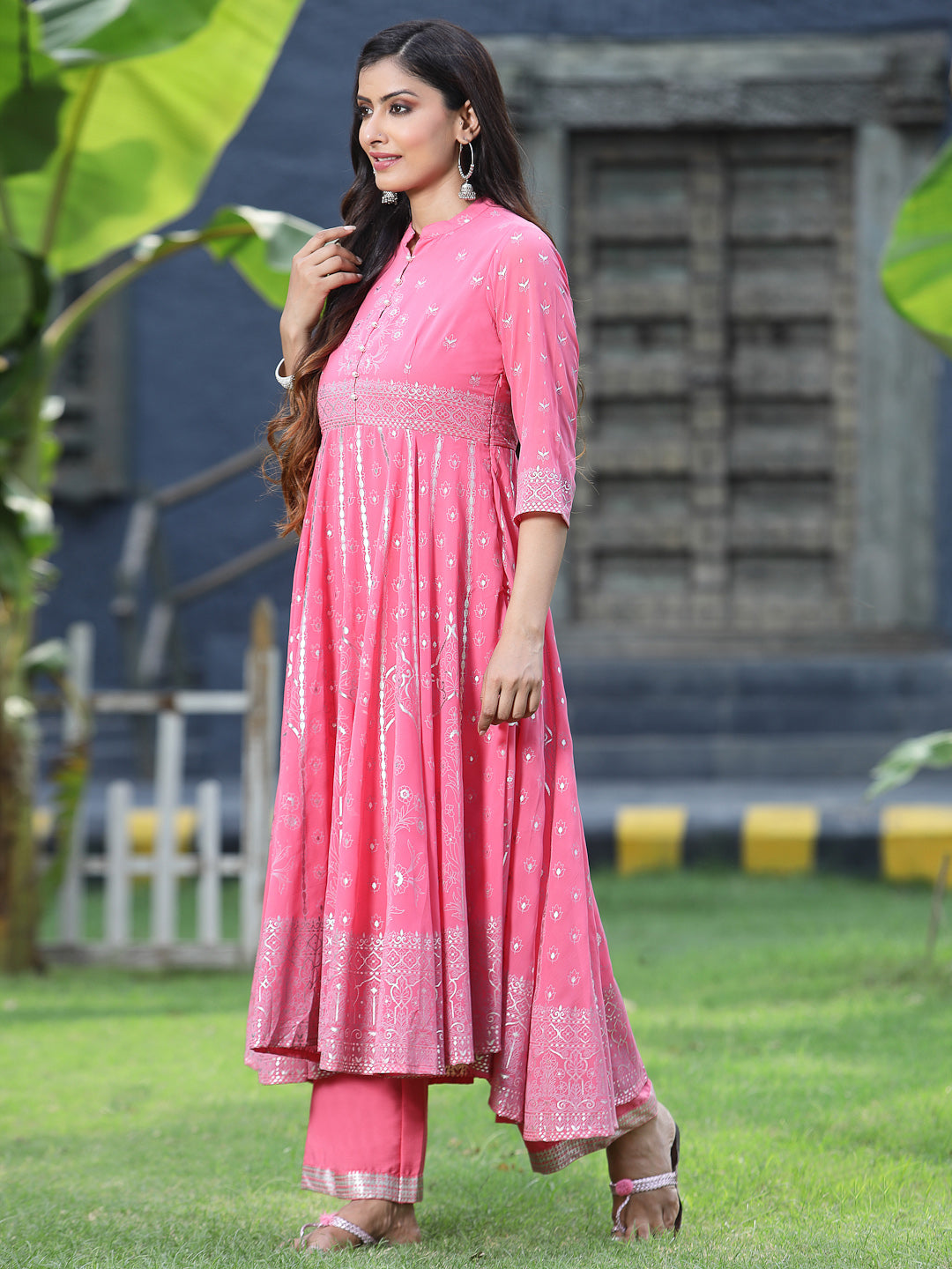 Juniper Womens Coral Georgette Foil Printed Circular Kurta Dress With Solid Palazzo Set - Distacart