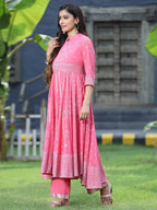 Juniper Women's Coral Georgette Printed Anarkali Kurta Sets - Distacart