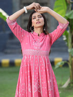 Juniper Womens Coral Georgette Foil Printed Circular Kurta Dress With Solid Palazzo Set - Distacart