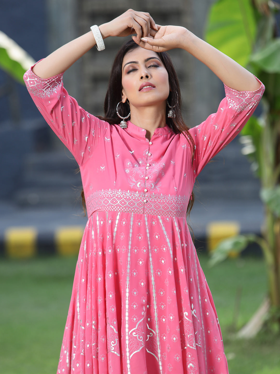 Juniper Womens Coral Georgette Foil Printed Circular Kurta Dress With Solid Palazzo Set - Distacart