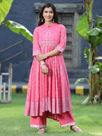 Juniper Womens Coral Georgette Foil Printed Circular Kurta Dress With Solid Palazzo Set - Distacart