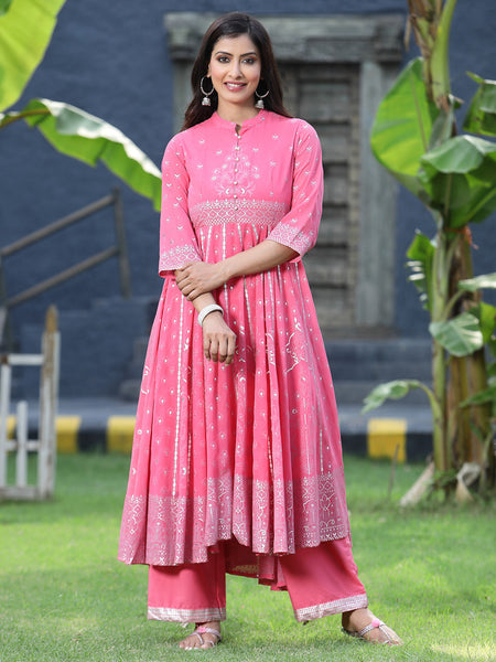 Juniper Womens Coral Georgette Foil Printed Circular Kurta Dress With Solid Palazzo Set
