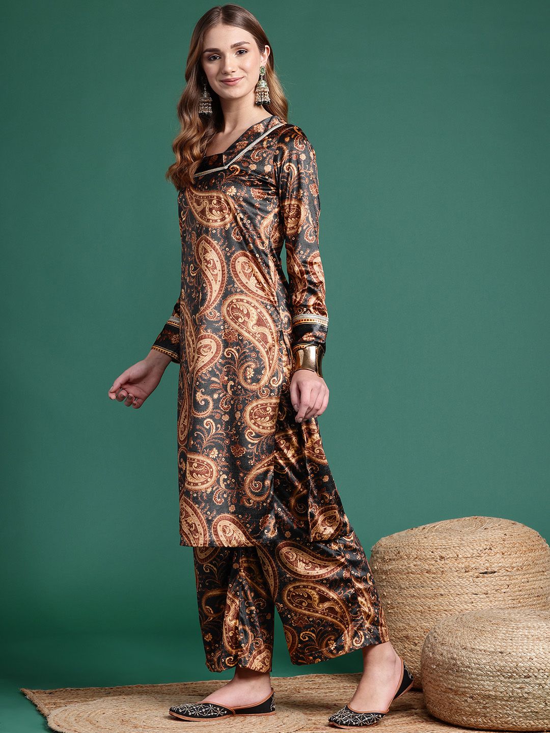 Sangria Velvet Finish Paisley Design Gotta Patti Kurta with Palazzos