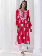 HOUSE OF KARI Floral Chikankari Embroidered Notched Round Neck Straight Kurta