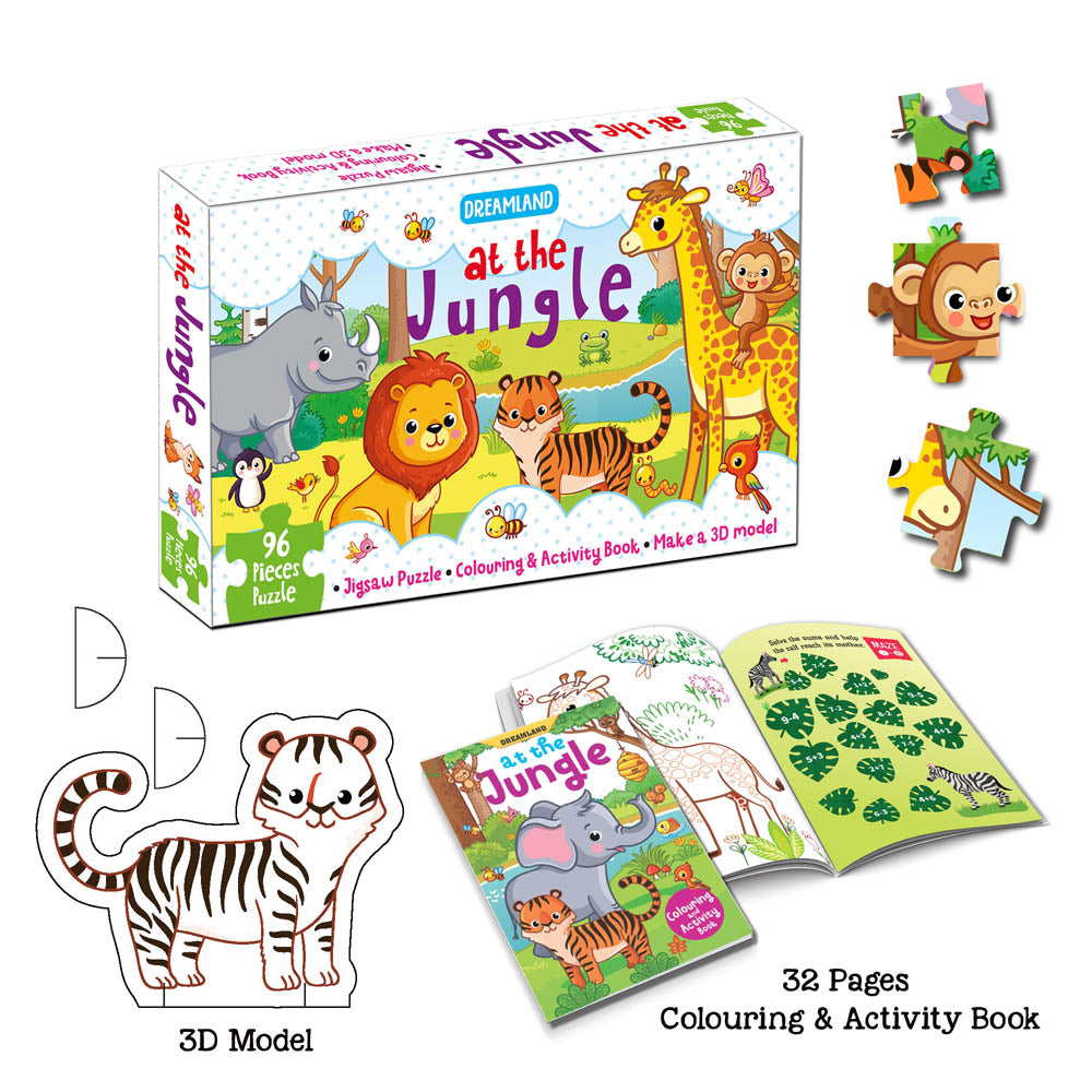 Dreamland Publications At the Jungle Jigsaw Puzzle for Kids – 96 Pcs | With Colouring & Activity Book and 3D Model - Distacart