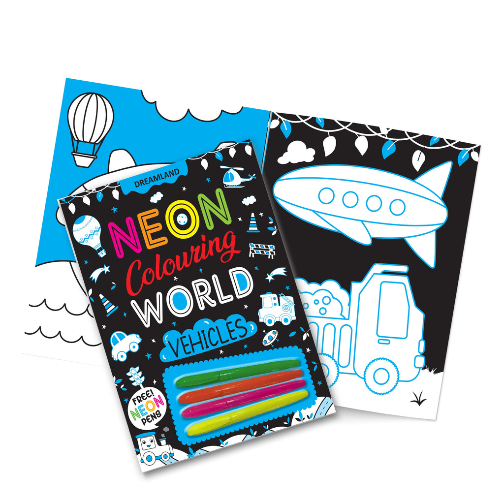 Dreamland Publications Vehicles Neon Colouring World Book for Kids Age 4 - 7 years with Neon Pens - Distacart