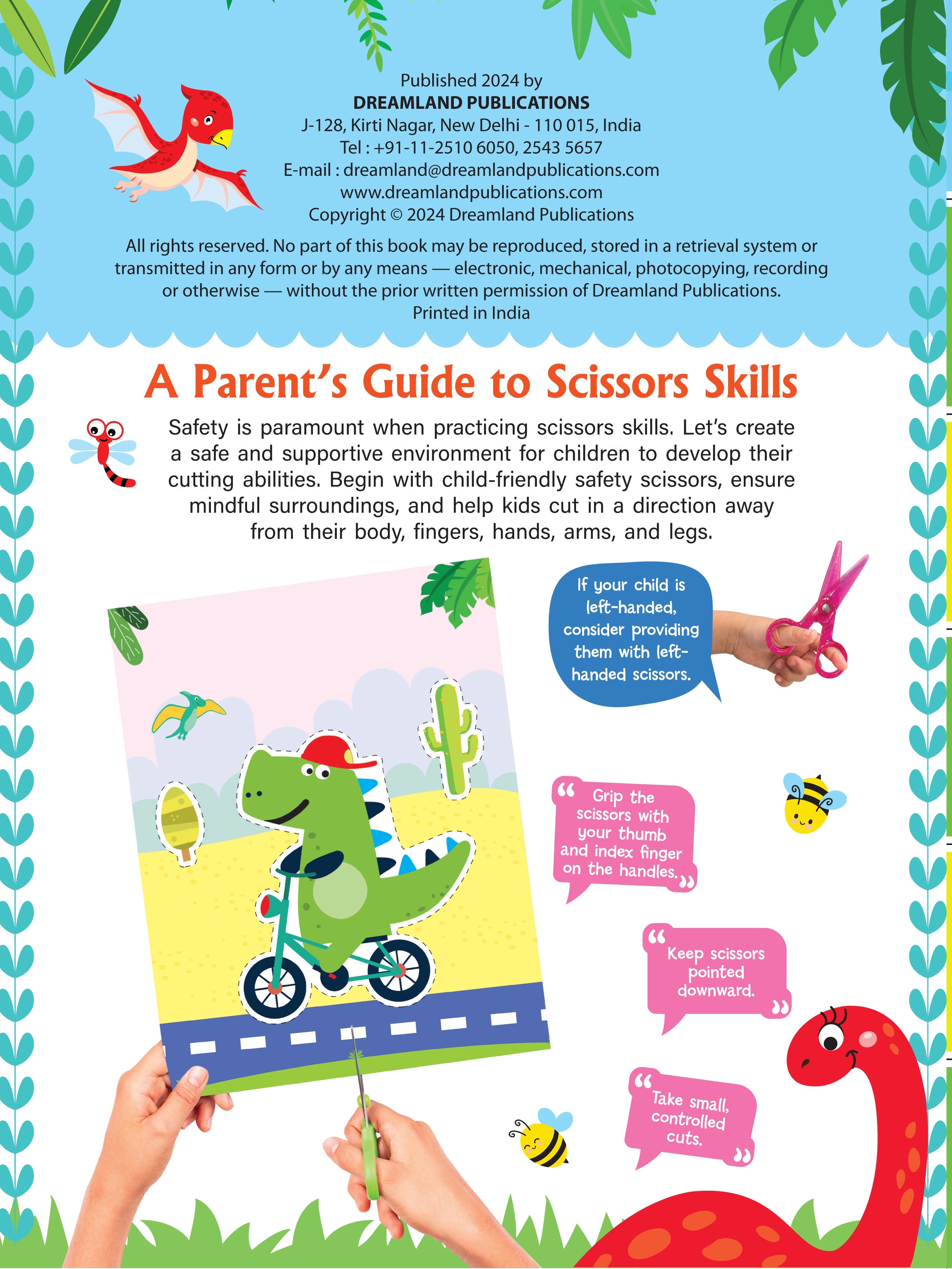 Dreamland Publications Daring Dino Scissors Skills Activity Book for Kids Age 4 - 7 years | With Child- Safe Scissors, Games and Mask - Distacart