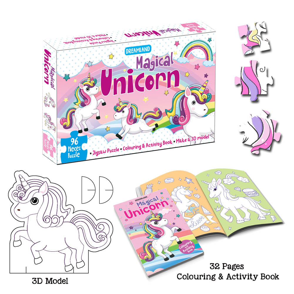Dreamland Publications Magical Unicorn Jigsaw Puzzle for Kids – 96 Pcs | With Colouring & Activity Book and 3D Model - Distacart