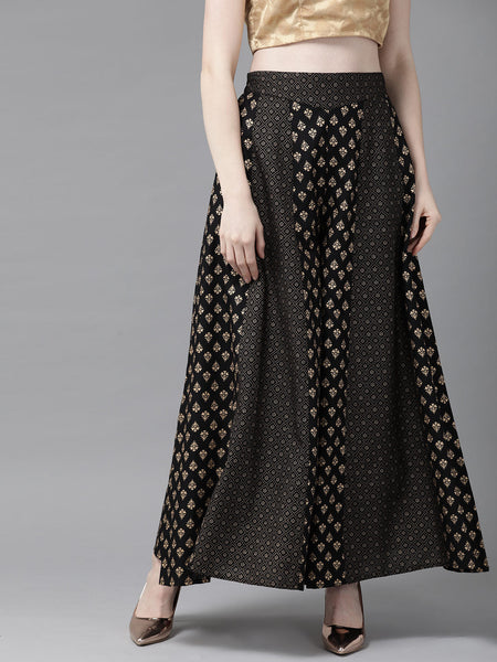 Juniper Women Black Rayon Printed Flared Palazzo