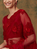 Sangria Red Floral Embroidered Saree - Distacart