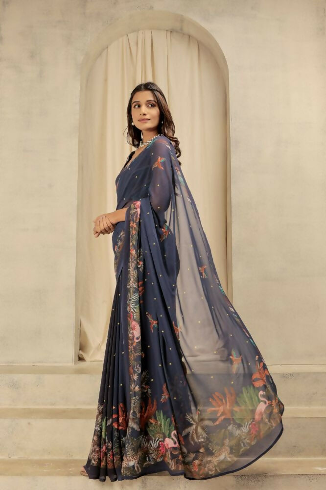 Navy Blue Georgette Designer Printed Party Wear Saree - Cinderella