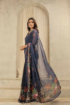 Navy Blue Georgette Designer Printed Party Wear Saree - Cinderella