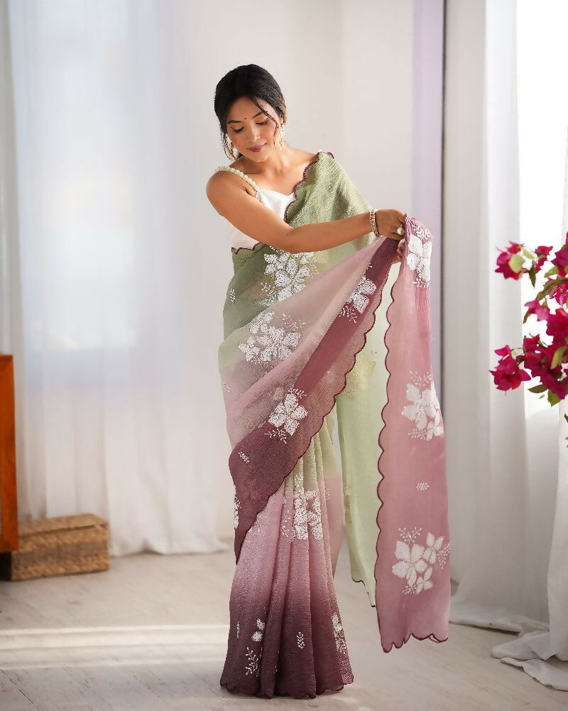 Pista and Wine Crunchy Crush Pedding Color Embroidery Work Party Wear Saree - Zuleika