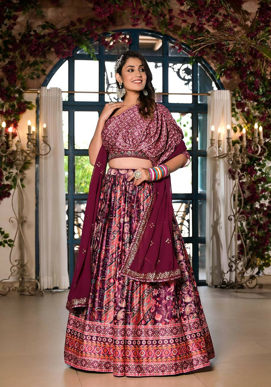 Women's Wedding Traditional Mulberry Dull Satin Lehenga Choli - Kaushlya