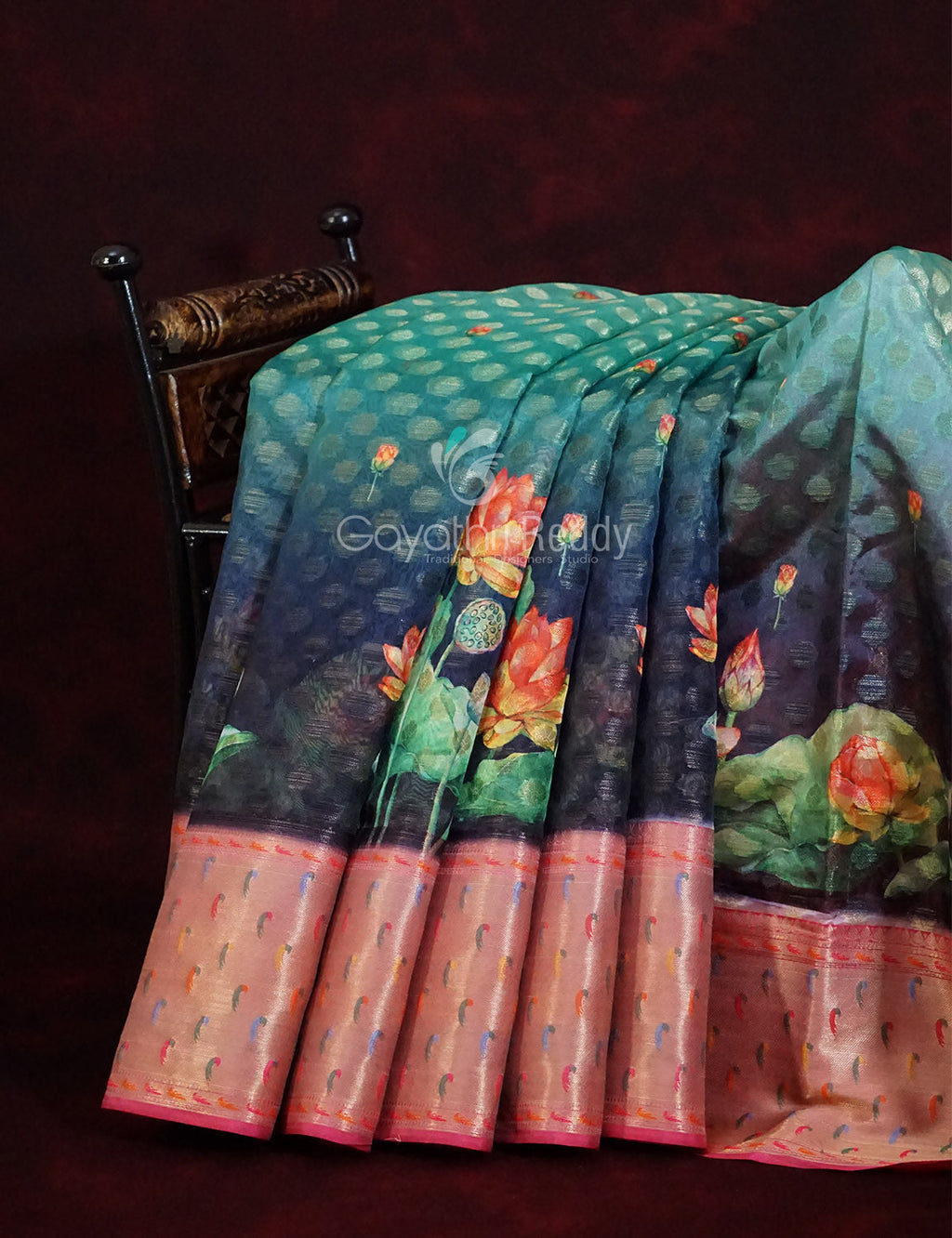 Green and Pink Banaras Border Floral Design Banarasi Semi Silk Saree By Gayathri Reddy Designer Studio