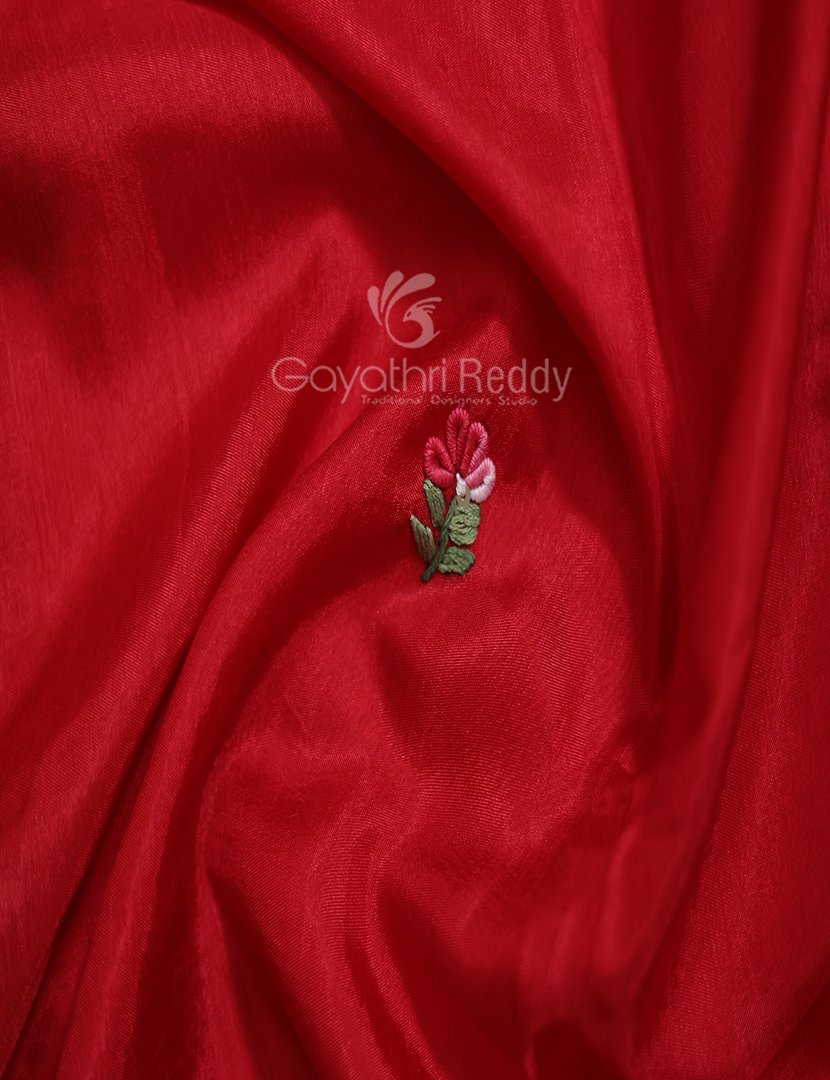 Vibrant Bright Red With Floral Motifs Pure Dola Silk Saree By Gayathri Reddy Designer Studio