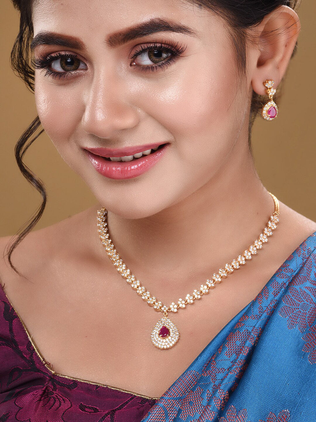 Saraf RS Jewellery Gold-Plated White & Red American Diamond Studded & Beaded Handcrafted Jewellery Set - Distacart