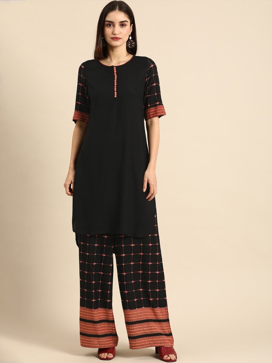 All About You Women Black & Pink Regular Round Neck Kurta with Palazzos