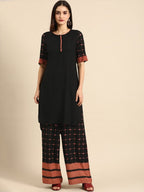 All About You Women Black & Pink Regular Round Neck Kurta with Palazzos