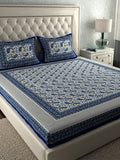 LA VERNE Blue & White Printed 104 TC Queen Bedsheet with 2 Pillow Covers