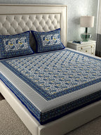 LA VERNE Blue & White Printed 104 TC Queen Bedsheet with 2 Pillow Covers