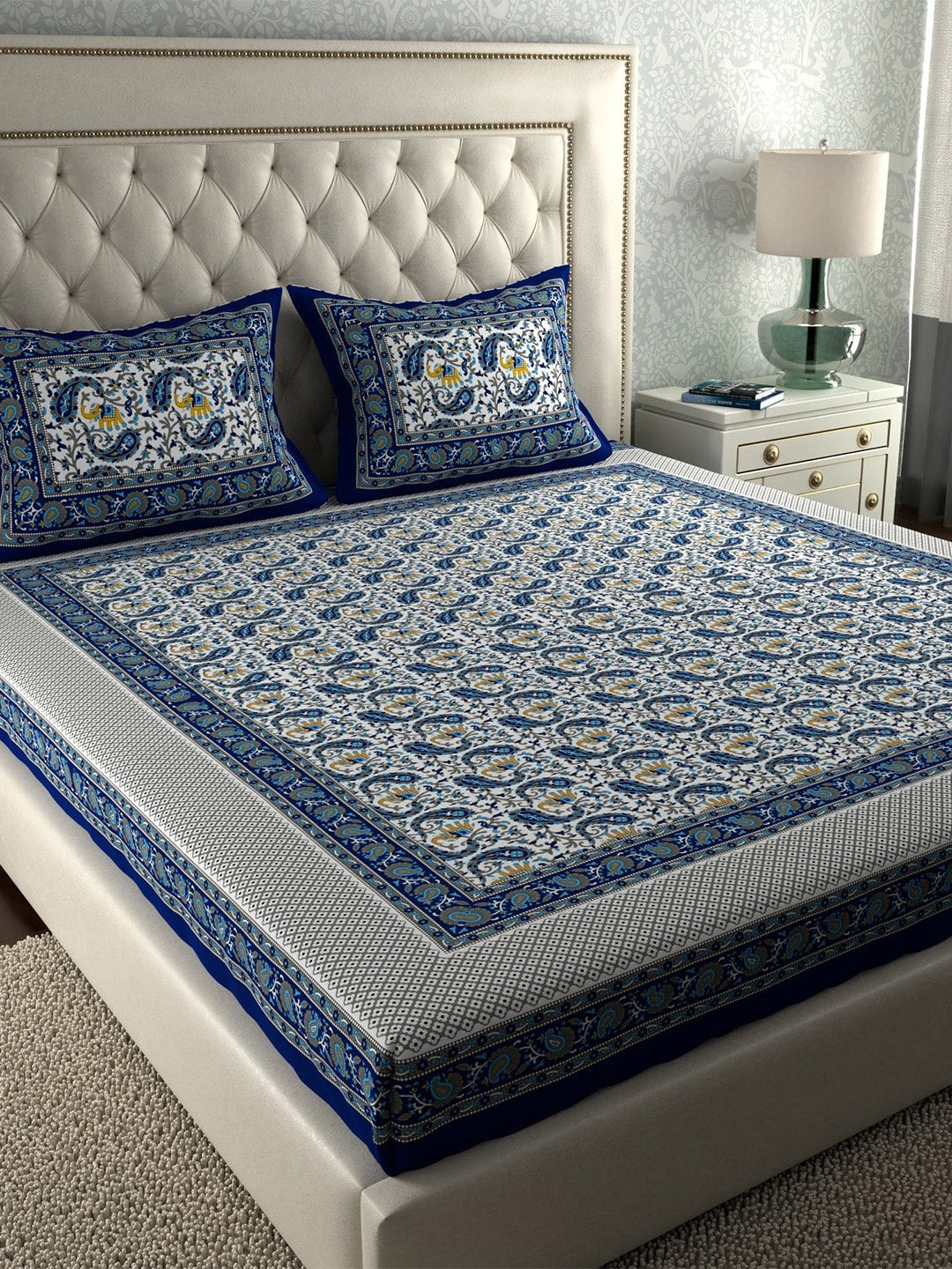 LA VERNE Blue & White Printed 104 TC Queen Bedsheet with 2 Pillow Covers