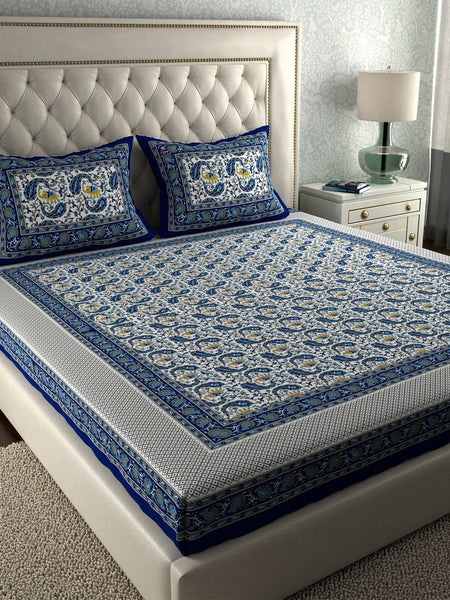 LA VERNE Blue & White Printed 104 TC Queen Bedsheet with 2 Pillow Covers
