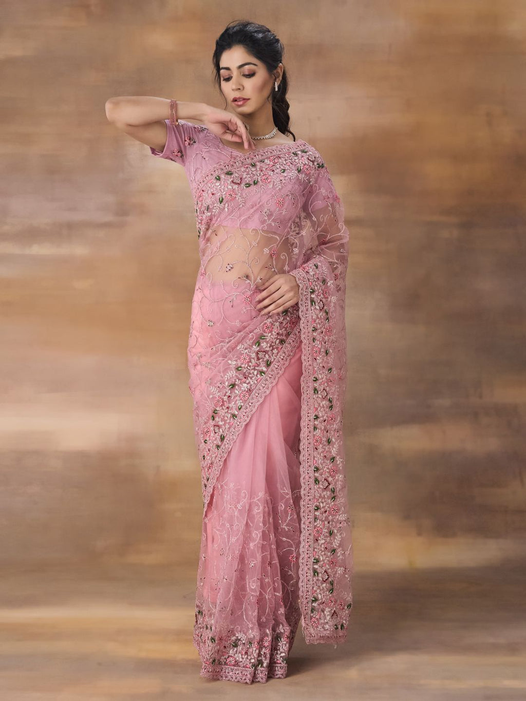 kasee Floral Embroidered Net Saree With Blouse Piece - Distacart