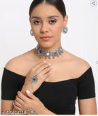 Tehzeeb Creations Women's Silver Plated Oxidised Necklace Set With Bracelet