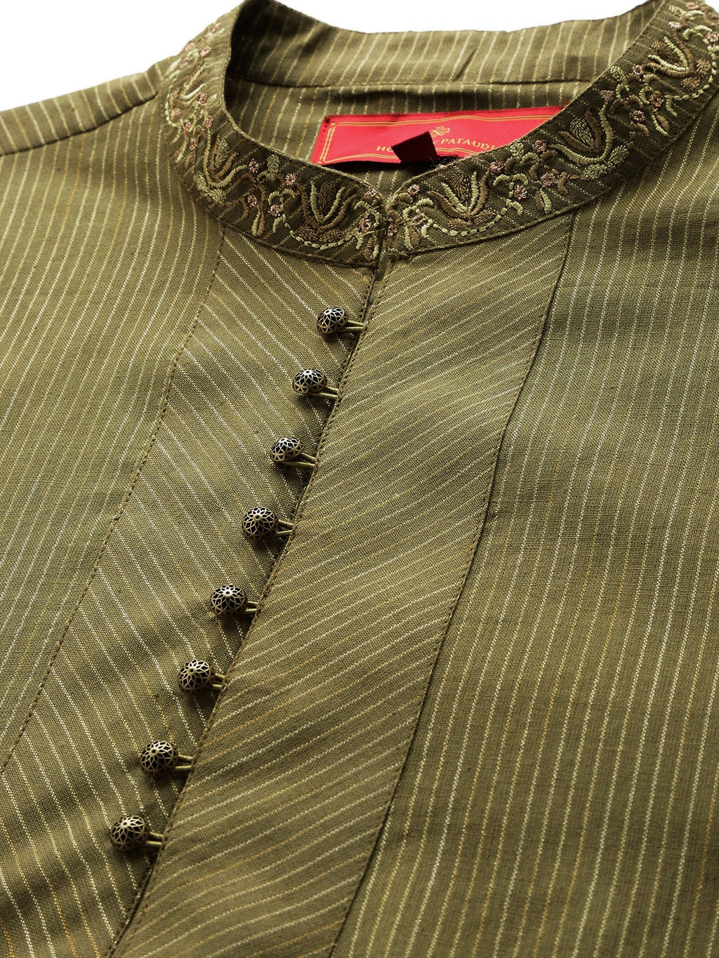 House of Pataudi Men Olive Green Striped Straight Kurta with Embroidered Detail