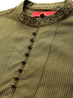 House of Pataudi Men Olive Green Striped Straight Kurta with Embroidered Detail