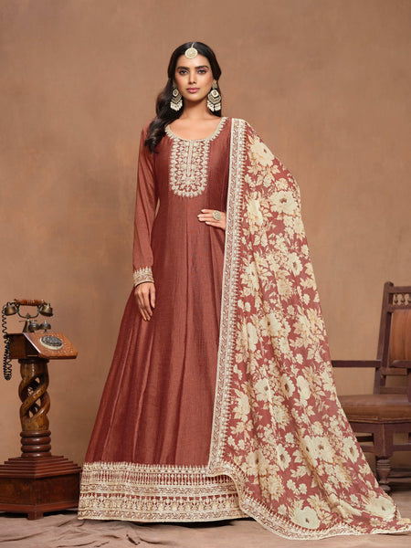 Anaita Coffee Embroidered Art Silk Anarkali Suit
