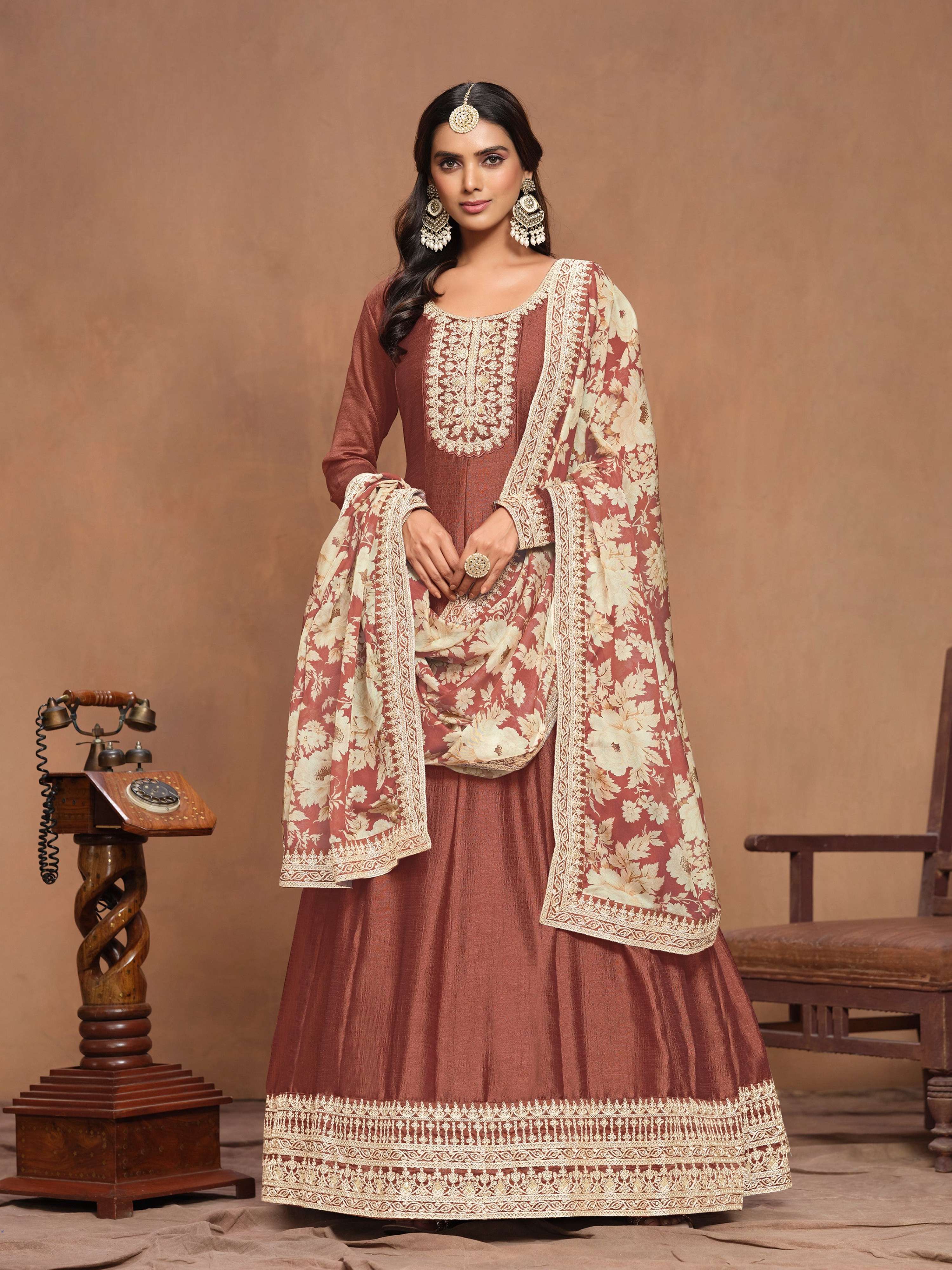 Anaita Coffee Embroidered Art Silk Anarkali Suit - Distacart