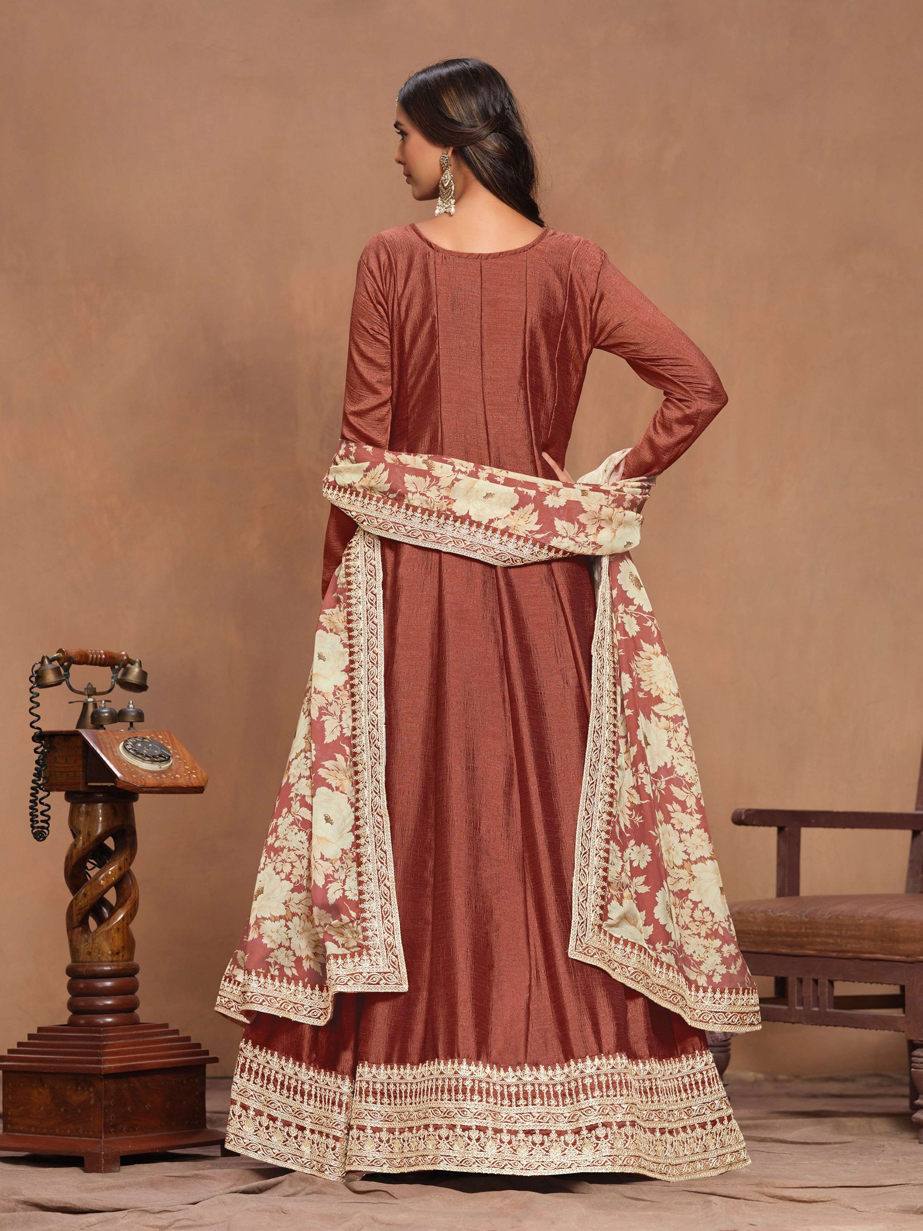 Anaita Coffee Embroidered Art Silk Anarkali Suit - Distacart