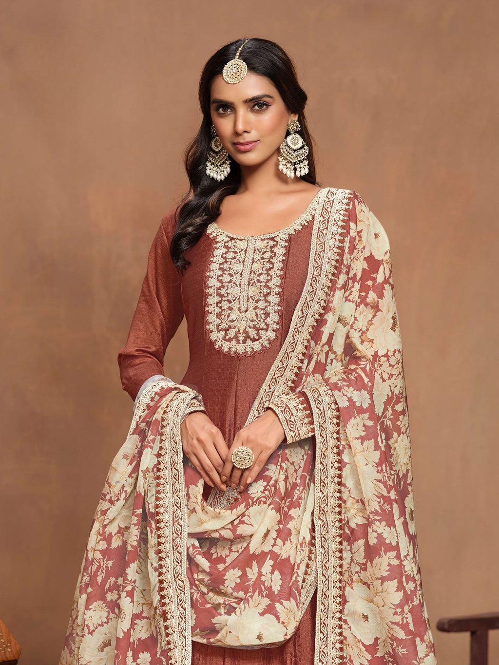 Anaita Coffee Embroidered Art Silk Anarkali Suit - Distacart