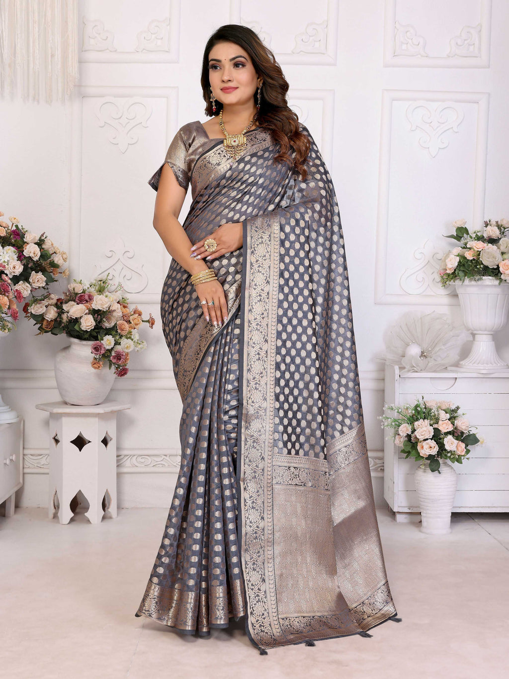 Aastha Fashion Grey Organza Silk Weaving Saree - Distacart