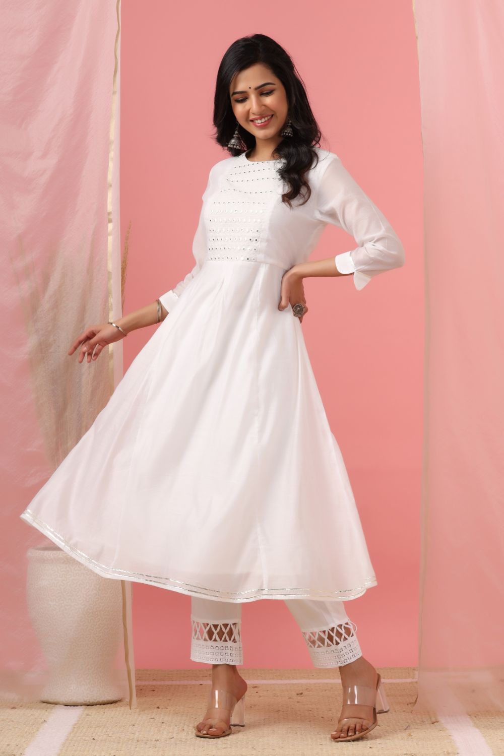Juniper Womens White Cotton Chanderi Embellished A-Line Kurta