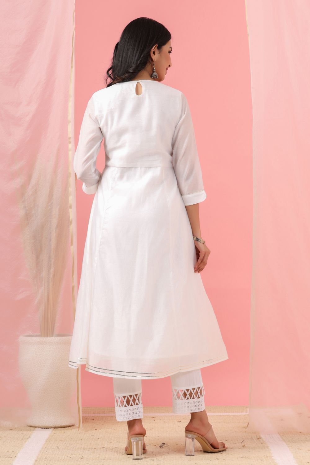 Juniper Womens White Cotton Chanderi Embellished A-Line Kurta